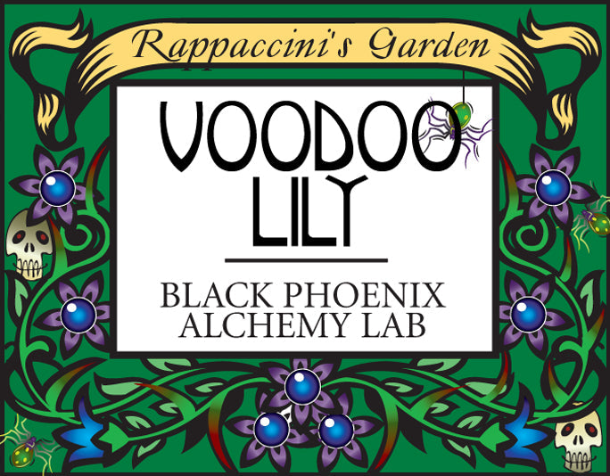 Voodoo Lily label from Black Phoenix Alchemy Lab with decorative border and text.