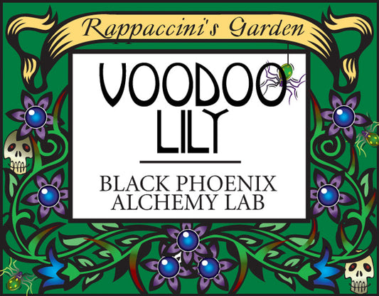 Voodoo Lily label from Black Phoenix Alchemy Lab with decorative border and text.