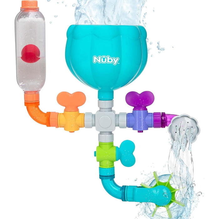 Nuby Wacky Waterworks is a colorful plastic bath toy with pipes, valves, and spinning wheels on a blue cup. Pouring water activates interactive features, promoting cognitive development as water flows from the top and side.