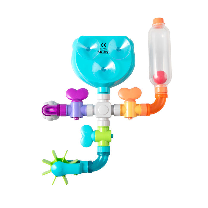 Nuby’s Wacky Waterworks is a colorful plastic bath toy for water play, featuring spinning wheels, tubes, and valves. Suction cups attach to the wall, while interactive purple, green, orange, yellow and blue pipes boost cognitive development.