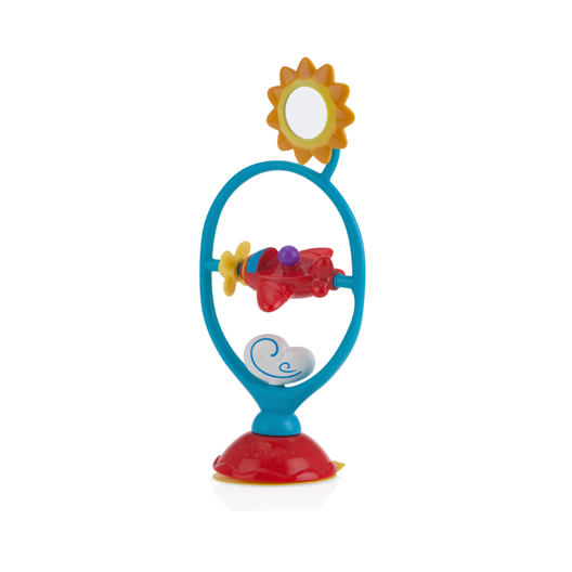 Whirly Wings is a colorful interactive baby toy with a red airplane, yellow sun mirror, white cloud, and blue frame on a red suction base. The spinning airplane encourages sensory development and playful interaction.