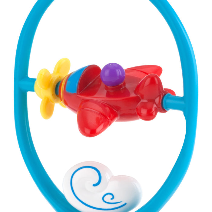 The Whirly Wings is a colorful interactive baby toy with a red airplane, yellow propeller, spinning on a blue oval frame and a cloud accent, designed to support sensory development.