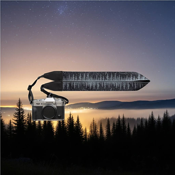 Forager Provisions LTD Wildtree Night Sky camera strap with star-speckled forest pattern and soft faux suede backing.