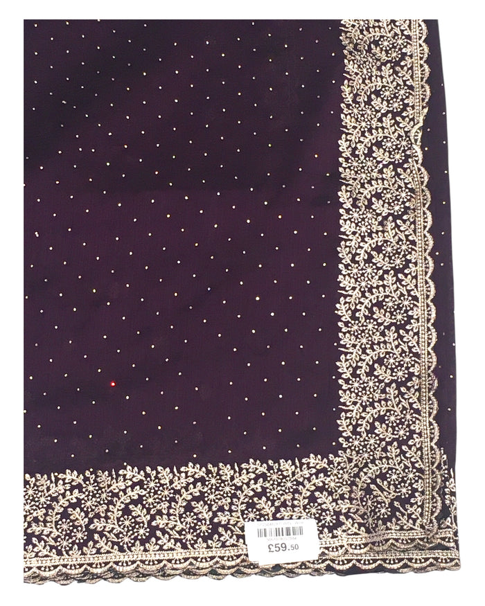 Wine / Plum - Chiffon Crepe - Party Wear Embroidered Saree with Blouse Piece - SP2504012 KP
