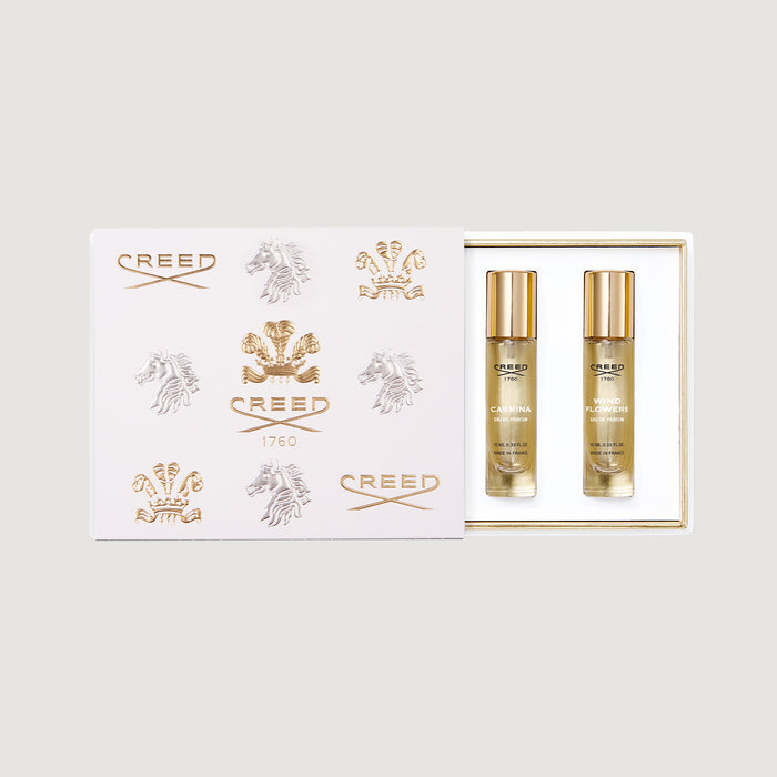 3x10ml Women's Discovery Set with Carmina & Wind Flowers vials in gold-trimmed white gift box | Creed Boutique