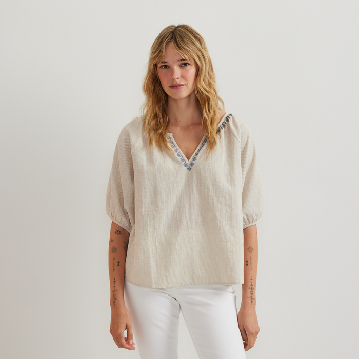 Women's Embroidered Trim Shirt-Pumice-Regular-C1