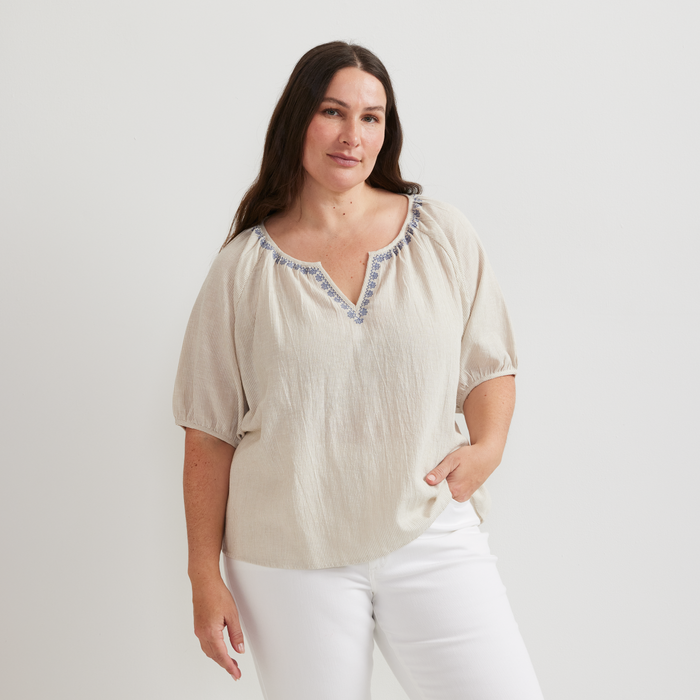 Women's Embroidered Trim Shirt-Pumice-Plus-C1