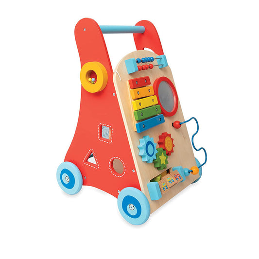 The Wooden Baby Walker for toddlers includes wheels, a xylophone, gears, mirror, abacus, shape sorter, and bead maze for interactive play and early learning.