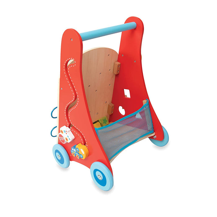 The Wooden Baby Walker is a red and blue activity walker for toddlers, featuring four wheels, a handlebar, a mesh storage compartment, and attached toy blocks—perfect for little ones learning to walk.