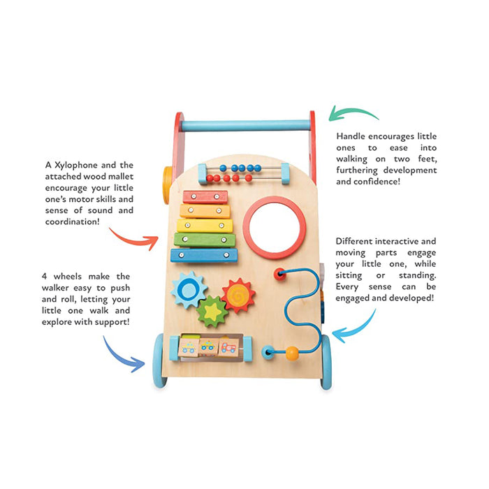 The Wooden Baby Walker features a xylophone, gears, maze, spinning blocks, mirror, and handlebar—highlighting motor skills development, confidence building, and interactive play for babies in one colorful activity walker.