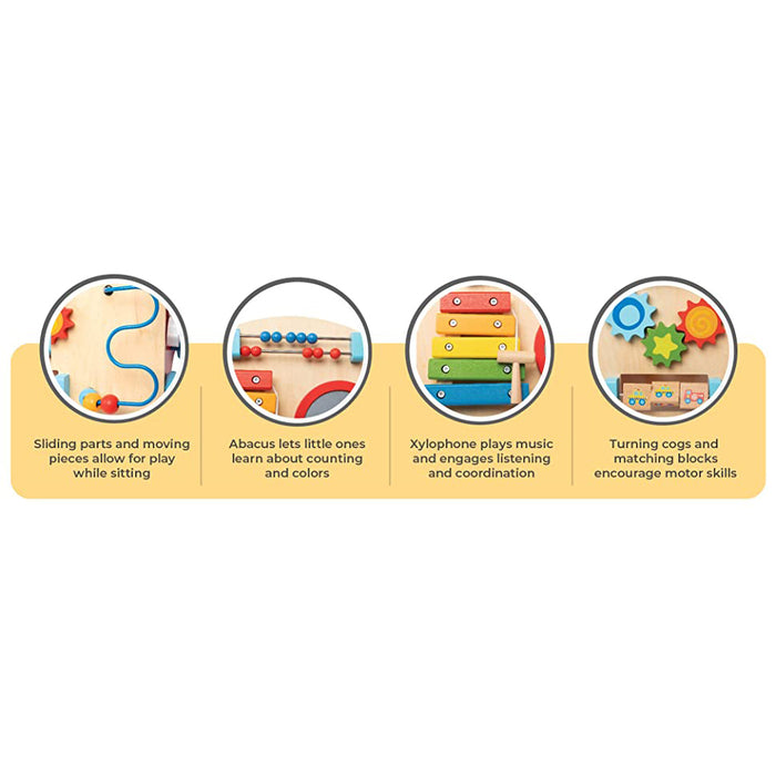 Four circular images on the Wooden Baby Walker feature a bead maze, abacus, xylophone, and turning cogs, showcasing play, counting, music, coordination, and motor skill development for children.