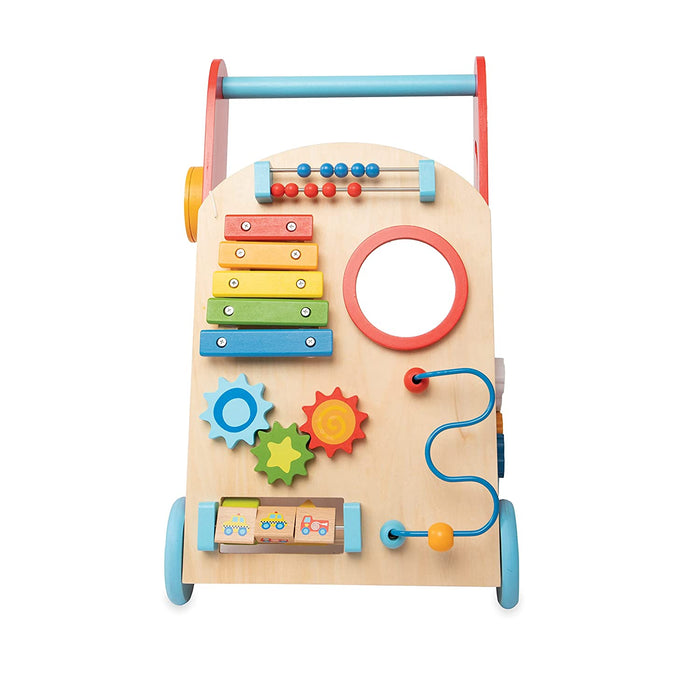 The Wooden Baby Walker features a xylophone, abacus, gears, spinning blocks, bead maze, and round mirror for interactive play. It encourages early development and fun exploration with its colorful design.