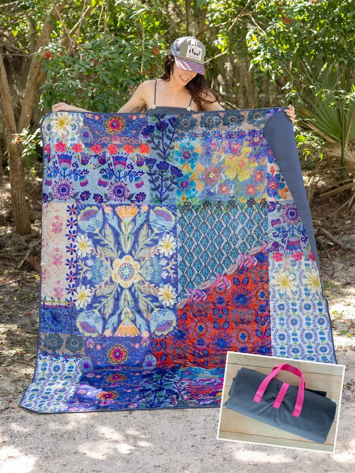 XL Water Resistant Picnic Blanket - Blue Patchwork-view 1