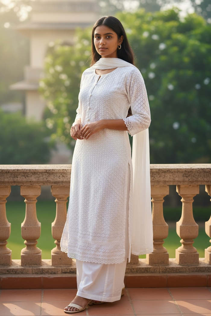 XS to XXXL - White - Cotton Ladies Salwar Kameez with Chiffon Dupatta - Elbow Length Sleeves - Funeral  / Church KTC250401 KR