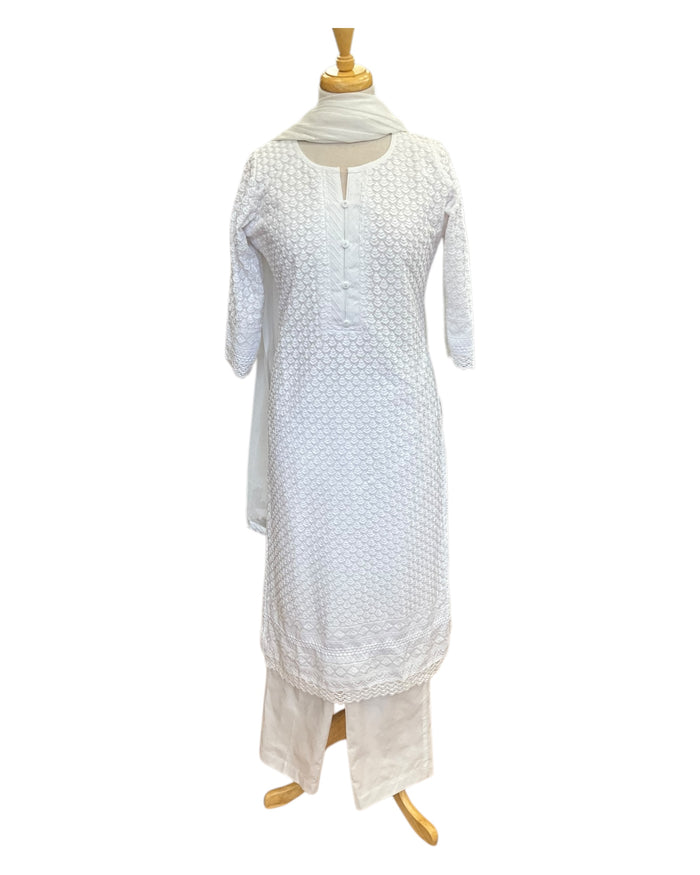 XS to XXXL - White - Cotton Ladies Salwar Kameez with Chiffon Dupatta - Elbow Length Sleeves - Funeral  / Church KTC250401 KR