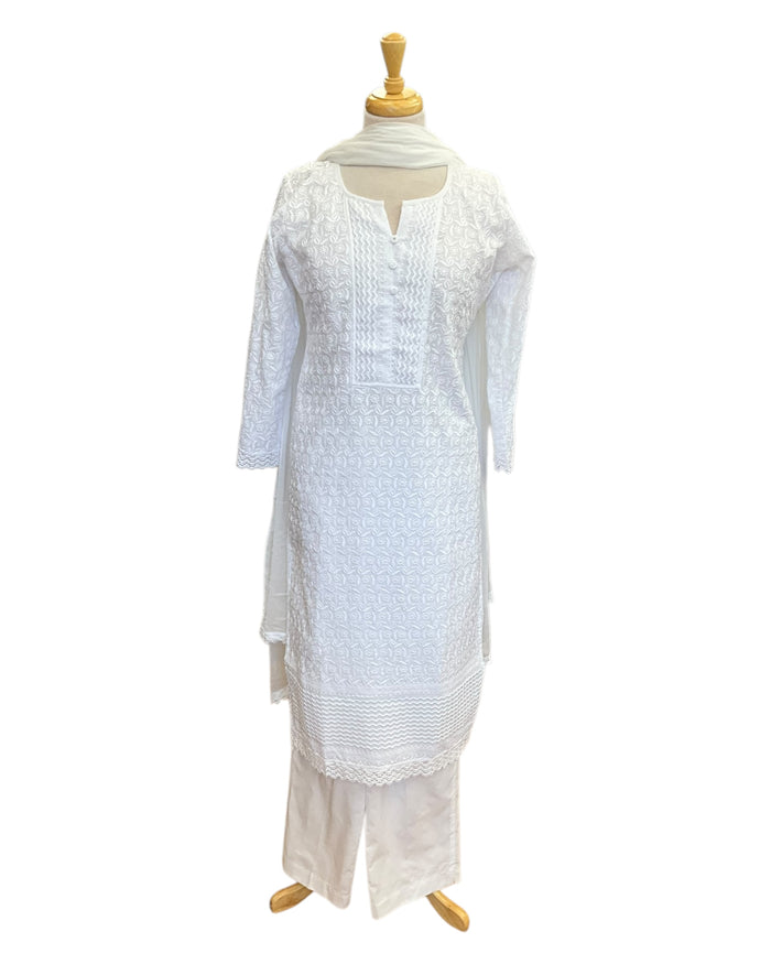 XS to XXXL - White - Cotton Ladies Salwar Kameez with Chiffon Dupatta - Elbow Length Sleeves - Funeral  / Church KTC250401 KR
