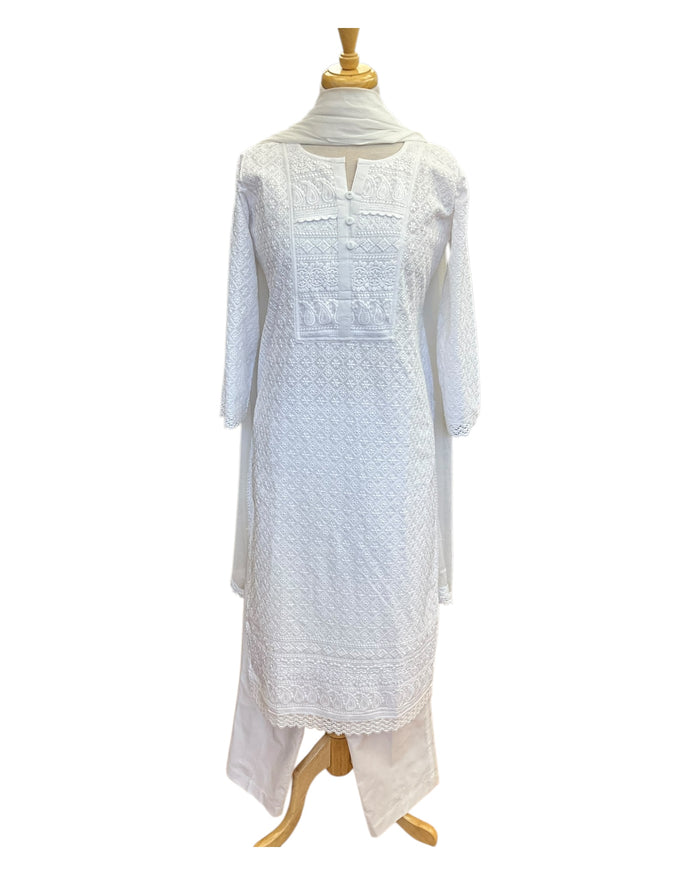 XS to XXXL - White - Cotton Ladies Salwar Kameez with Chiffon Dupatta - Elbow Length Sleeves - Funeral  / Church KTC250401 KR