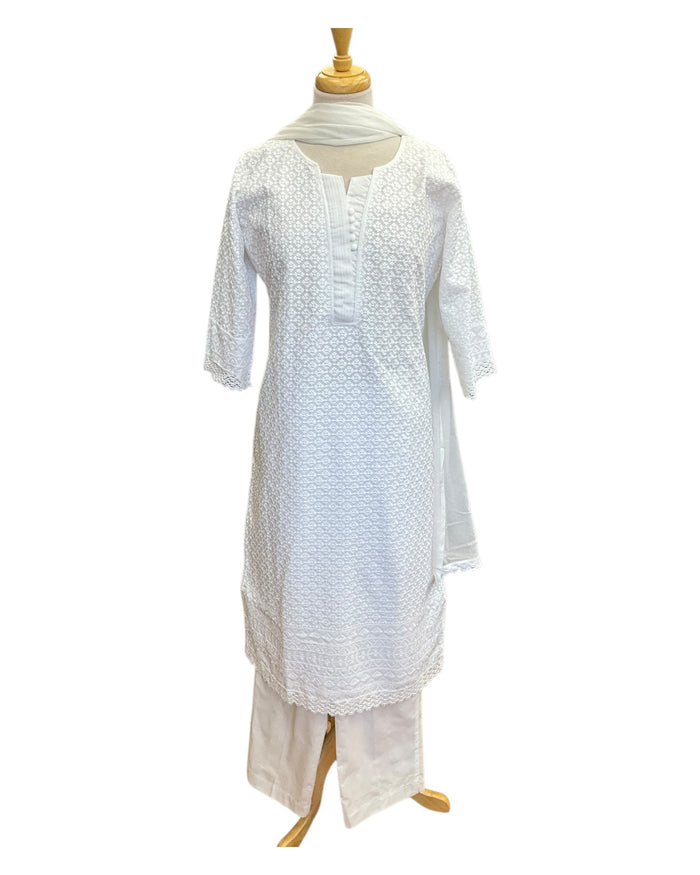 XS to XXXL - White - Cotton Ladies Salwar Kameez with Chiffon Dupatta - Elbow Length Sleeves - Funeral  / Church KTC250401 KR
