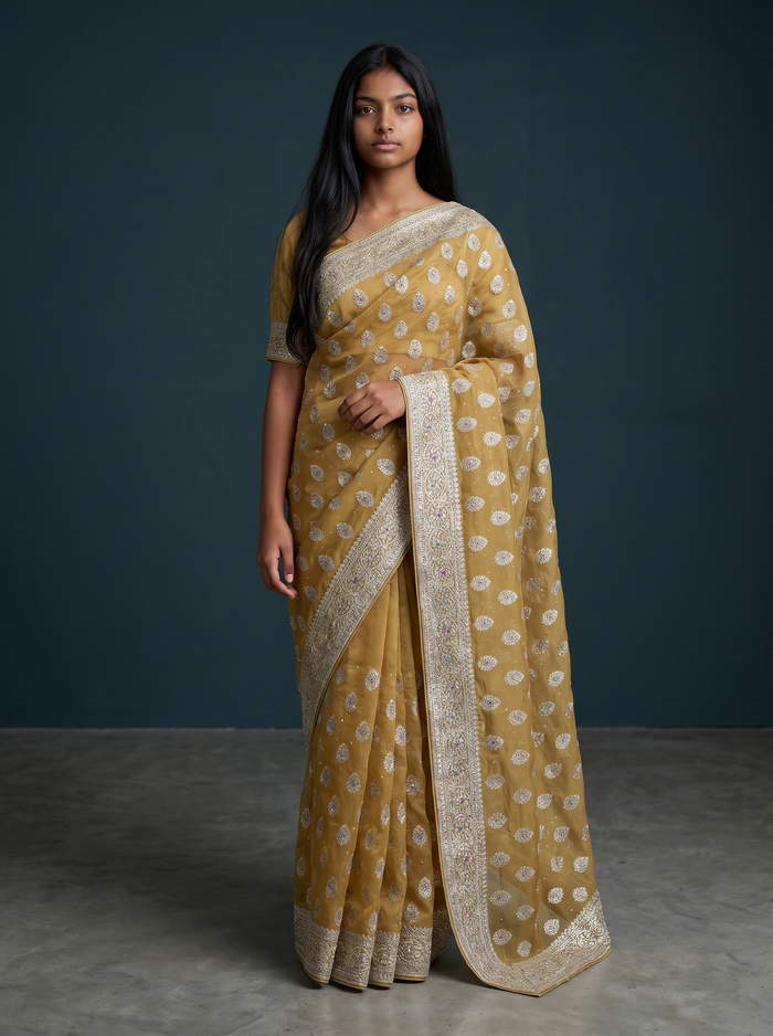 Yellow - Fancy Party Saree with Blouse Piece - UK stock - 24hr Dispatch - VFU4108  03VA26