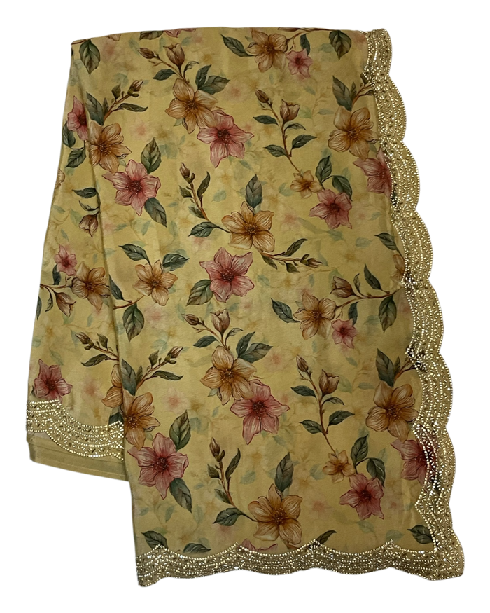 Yellow - Printed Crepe Silky Saree with Blouse Piece - UK stock - 24hr Dispatch - RS2527 TJ