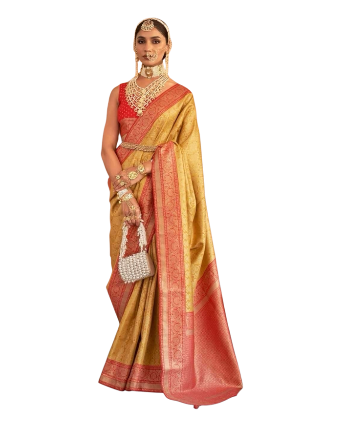 Yellow / Red - Silky Handloom Banarasi Saree with Blouse Piece -  12TY25 REW1048