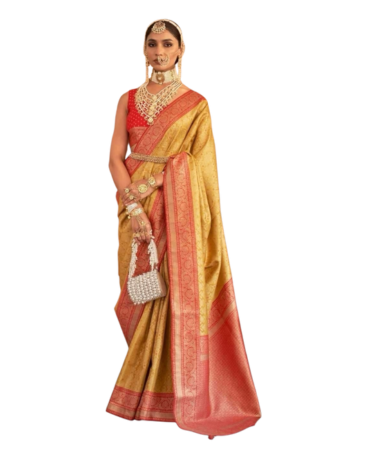 Yellow / Red - Silky Handloom Banarasi Saree with Blouse Piece -  12TY25 REW1048